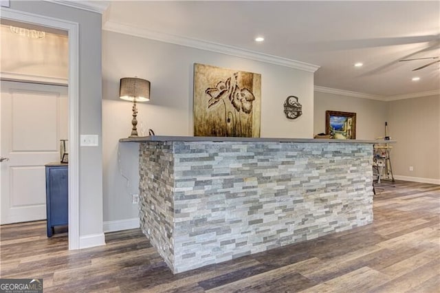 126 Townsend Pass, Alpharetta, GA 30004 - indoor dry bar featuring wood finished floors, ornamental molding, a ceiling fan, and recessed lighting