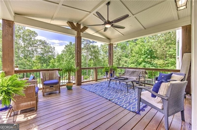 126 Townsend Pass, Alpharetta, GA 30004 - wooden deck featuring an outdoor hangout area, a ceiling fan, and view of scattered trees