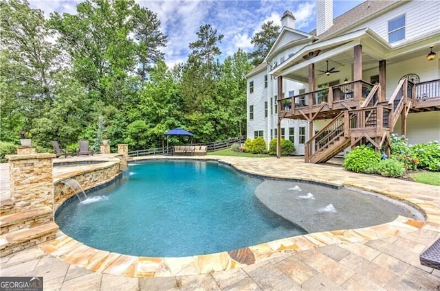126 Townsend Pass, Alpharetta, GA 30004 - view of pool featuring ceiling fan, stairs, a patio, a wooden deck, and a pool with connected hot tub