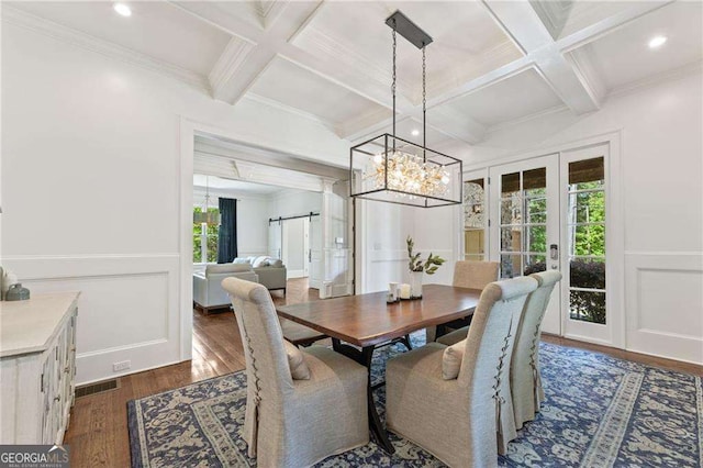 3834 Chamblee Dunwoody Rd, Atlanta, GA 30341 - dining area featuring coffered ceiling, french doors, a decorative wall, beam ceiling, and dark wood-style flooring