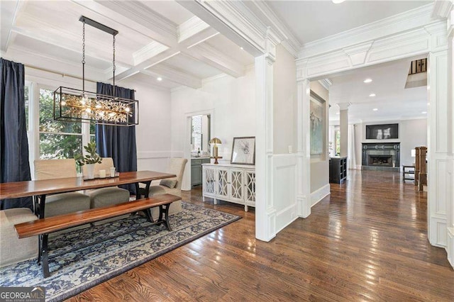 3834 Chamblee Dunwoody Rd, Atlanta, GA 30341 - dining space with ornate columns, wood finished floors, beamed ceiling, ornamental molding, and coffered ceiling