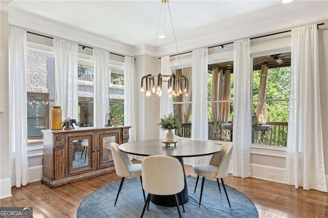 3834 Chamblee Dunwoody Rd, Atlanta, GA 30341 - dining area featuring crown molding, healthy amount of natural light, wood finished floors, recessed lighting, and a chandelier