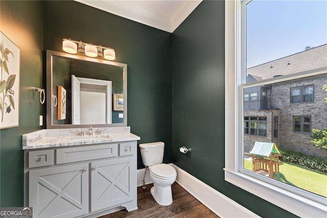3834 Chamblee Dunwoody Rd, Atlanta, GA 30341 - bathroom with ornamental molding, wood finished floors, vanity, and plenty of natural light