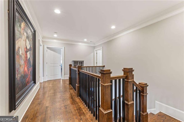 3834 Chamblee Dunwoody Rd, Atlanta, GA 30341 - corridor with an upstairs landing, crown molding, wood finished floors, and recessed lighting