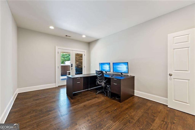 3834 Chamblee Dunwoody Rd, Atlanta, GA 30341 - home office with french doors, dark wood finished floors, and recessed lighting