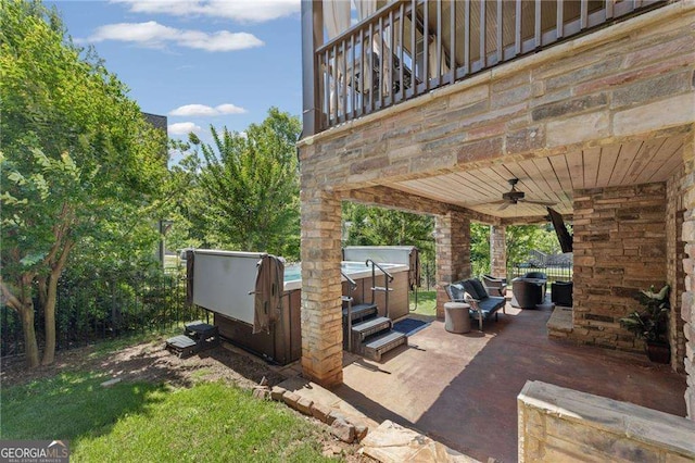 3834 Chamblee Dunwoody Rd, Atlanta, GA 30341 - view of patio / terrace with ceiling fan and a hot tub