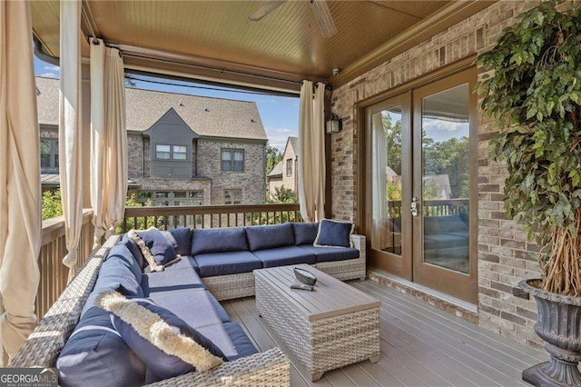 3834 Chamblee Dunwoody Rd, Atlanta, GA 30341 - sunroom with french doors, outdoor lounge area, and ceiling fan