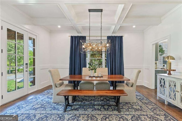 3834 Chamblee Dunwoody Rd, Atlanta, GA 30341 - dining room with wood finished floors, coffered ceiling, beam ceiling, a decorative wall, and french doors