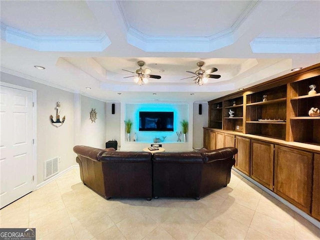 345 Etheridge Rd, Auburn, GA 30011 - living area with a raised ceiling, crown molding, a ceiling fan, light tile patterned floors, and recessed lighting