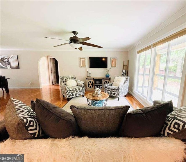 345 Etheridge Rd, Auburn, GA 30011 - living area with arched walkways, ceiling fan, crown molding, and wood finished floors