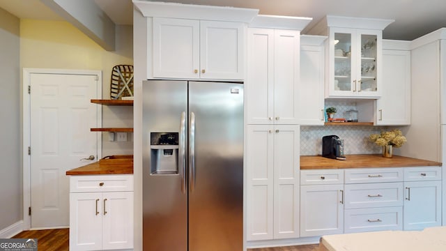 1346 Wind Chime Ct, Lawrenceville, GA 30045 - kitchen featuring stainless steel refrigerator with ice dispenser, open shelves, butcher block countertops, and backsplash