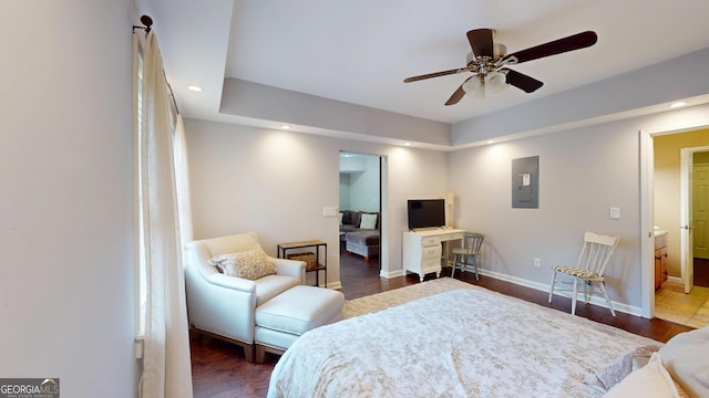 1346 Wind Chime Ct, Lawrenceville, GA 30045 - bedroom with electric panel, baseboards, dark wood-style floors, recessed lighting, and ceiling fan