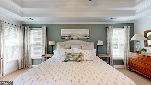 1346 Wind Chime Ct, Lawrenceville, GA 30045 - bedroom with carpet floors, baseboards, a tray ceiling, and crown molding