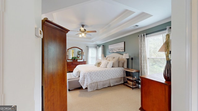 1346 Wind Chime Ct, Lawrenceville, GA 30045 - bedroom with crown molding, multiple windows, a raised ceiling, light colored carpet, and ceiling fan