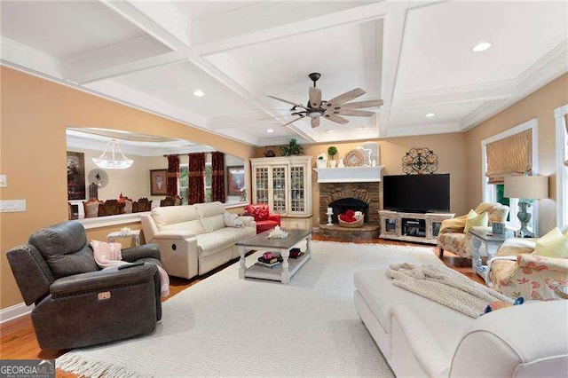 7131 Ridge Rd, Hiram, GA 30141 - living area featuring coffered ceiling, wood finished floors, a ceiling fan, recessed lighting, and beamed ceiling