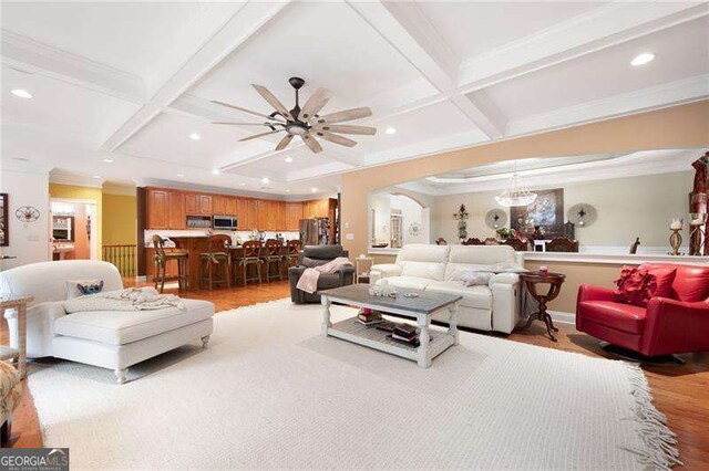 7131 Ridge Rd, Hiram, GA 30141 - living area featuring coffered ceiling, recessed lighting, light wood-style floors, ornamental molding, and a ceiling fan