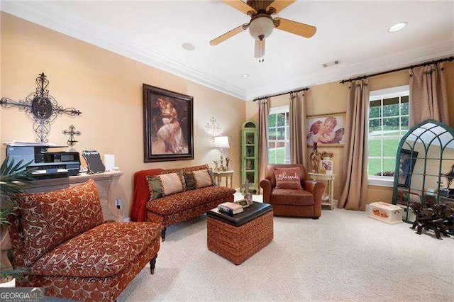 7131 Ridge Rd, Hiram, GA 30141 - living area featuring carpet flooring, a ceiling fan, ornamental molding, and recessed lighting