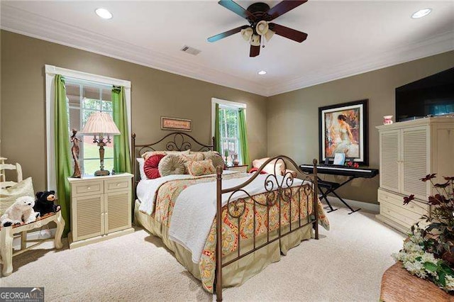 7131 Ridge Rd, Hiram, GA 30141 - bedroom featuring recessed lighting, carpet, crown molding, and ceiling fan