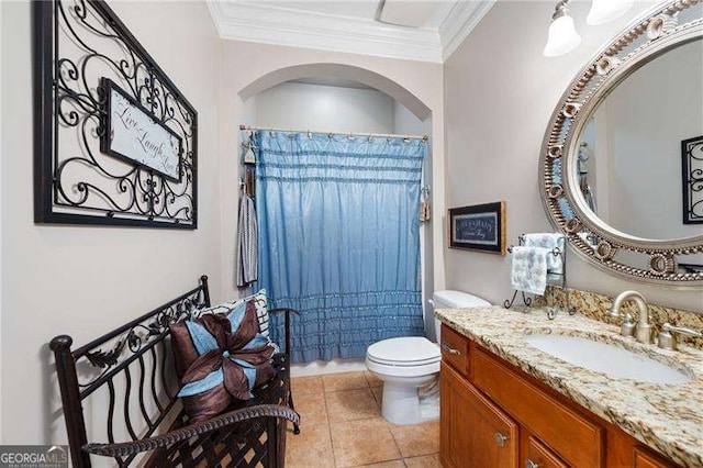 7131 Ridge Rd, Hiram, GA 30141 - full bath featuring vanity, crown molding, curtained shower, and tile patterned floors
