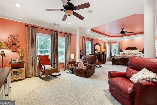 7131 Ridge Rd, Hiram, GA 30141 - carpeted bedroom featuring ornate columns, multiple windows, ornamental molding, recessed lighting, and ceiling fan