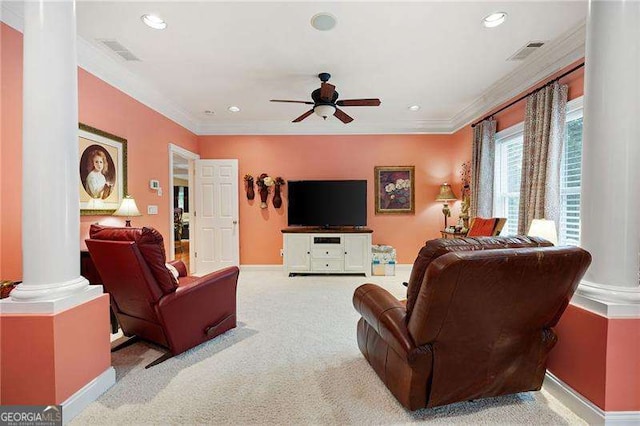 7131 Ridge Rd, Hiram, GA 30141 - living area with decorative columns, ceiling fan, crown molding, carpet floors, and recessed lighting