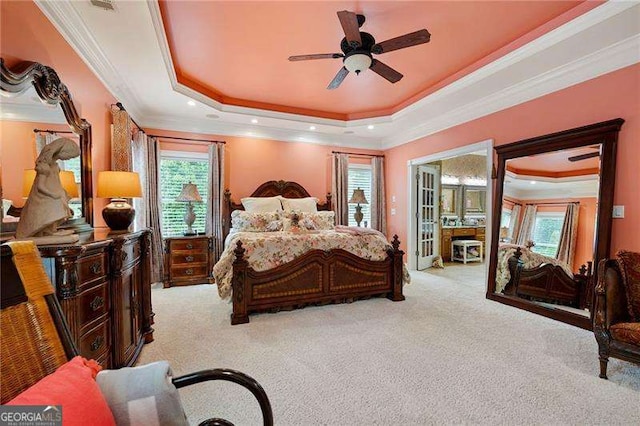 7131 Ridge Rd, Hiram, GA 30141 - carpeted bedroom featuring a tray ceiling and ornamental molding