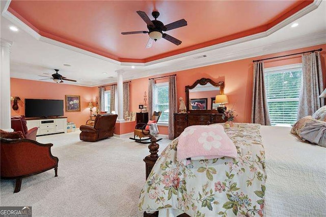 7131 Ridge Rd, Hiram, GA 30141 - carpeted bedroom featuring ornate columns, a raised ceiling, ornamental molding, and recessed lighting