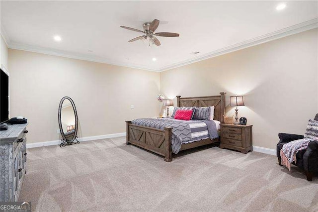 7131 Ridge Rd, Hiram, GA 30141 - bedroom featuring light carpet, recessed lighting, crown molding, and a ceiling fan