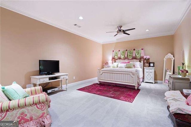 7131 Ridge Rd, Hiram, GA 30141 - bedroom featuring carpet floors, crown molding, recessed lighting, and a ceiling fan