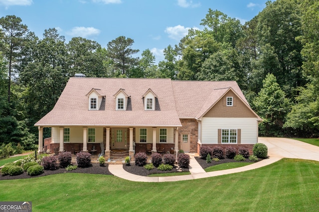 7131 Ridge Rd, Hiram, GA 30141 - view of front of house featuring covered porch, a front lawn, stone siding, and view of scattered trees