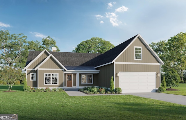 570 Davis Rd, Jefferson, GA 30549 - view of front of home featuring a chimney, a front yard, roof with shingles, driveway, and board and batten siding