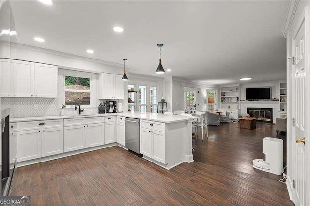 4213 Schooner Ct NE, Roswell, GA 30075 - kitchen with dishwasher, a peninsula, open floor plan, white cabinetry, and light countertops