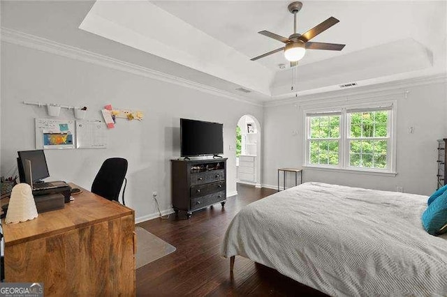 4213 Schooner Ct NE, Roswell, GA 30075 - bedroom featuring a raised ceiling, wood finished floors, crown molding, a desk, and a ceiling fan