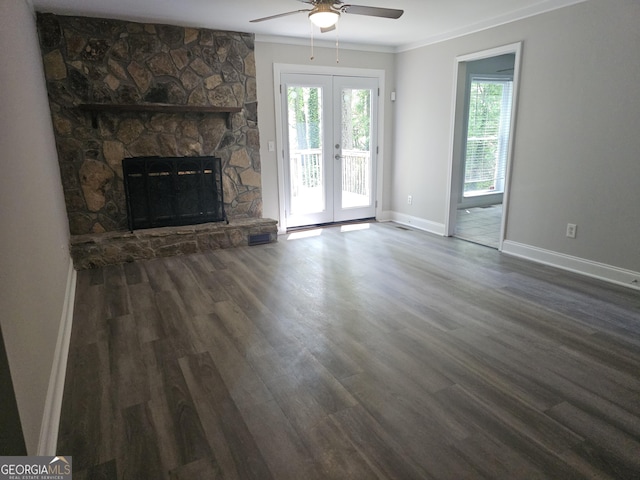 686 Favorwood Dr SW, Marietta, GA 30060 - unfurnished living room with ceiling fan, healthy amount of natural light, french doors, crown molding, and wood finished floors