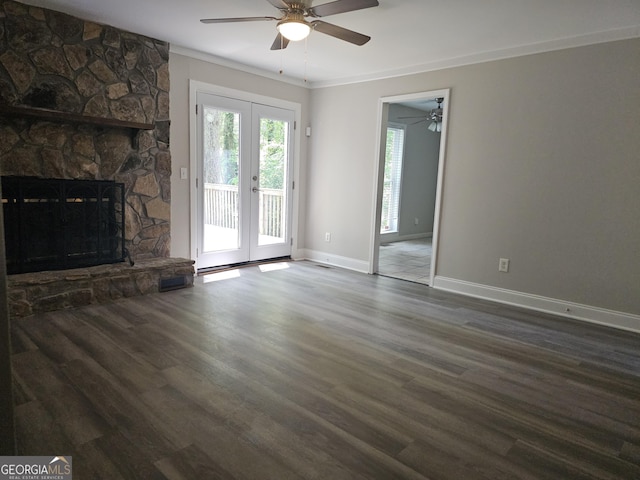686 Favorwood Dr SW, Marietta, GA 30060 - unfurnished living room featuring a ceiling fan, dark wood finished floors, french doors, and ornamental molding