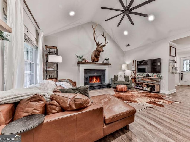 351 Danburg Ct, Jasper, GA 30143 - living area featuring a ceiling fan, lofted ceiling, a fireplace, recessed lighting, and wood finished floors