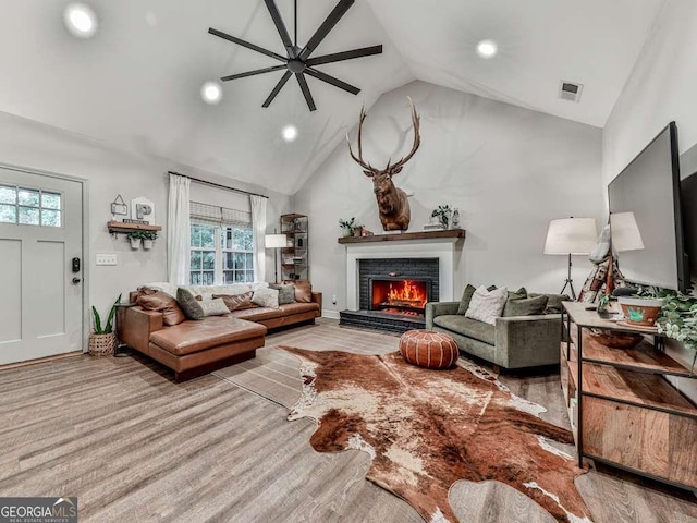 351 Danburg Ct, Jasper, GA 30143 - living room with a ceiling fan, a lit fireplace, plenty of natural light, recessed lighting, and high vaulted ceiling