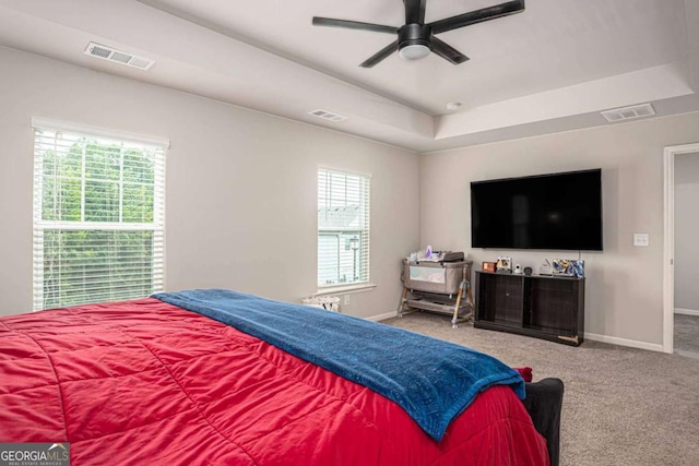 4732 Ridge Valley Dr, Gainesville, GA 30504 - carpeted bedroom with multiple windows, a tray ceiling, baseboards, and ceiling fan
