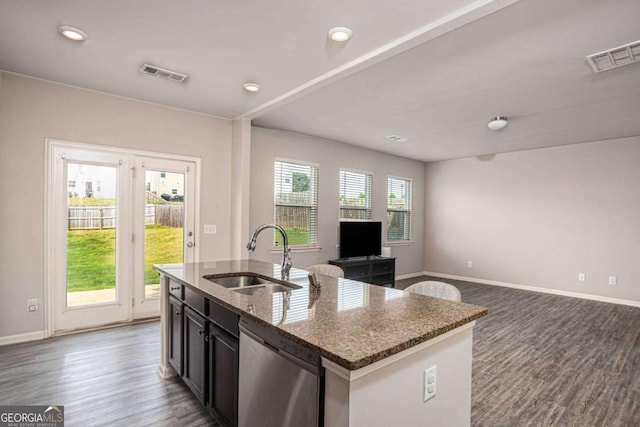 4732 Ridge Valley Dr, Gainesville, GA 30504 - kitchen with dishwasher, a sink, dark wood-style floors, open floor plan, and a center island with sink