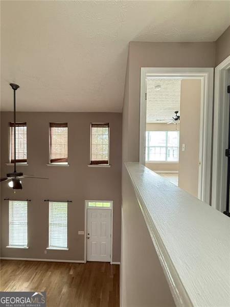 6634 Splashwater Dr, Flowery Branch, GA 30542 - foyer with a ceiling fan, wood finished floors, and plenty of natural light