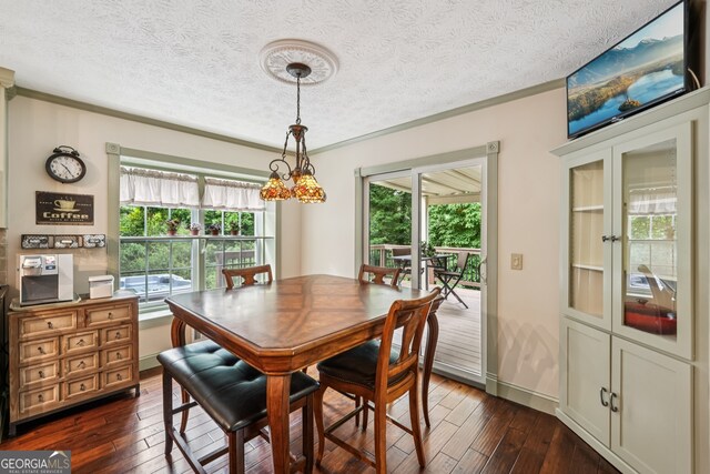 10875 Shagbark Trl, Roswell, GA 30075 - dining area featuring dark wood-style floors, a textured ceiling, and crown molding