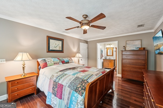 10875 Shagbark Trl, Roswell, GA 30075 - bedroom featuring dark wood-style flooring, a textured ceiling, crown molding, ensuite bathroom, and a ceiling fan