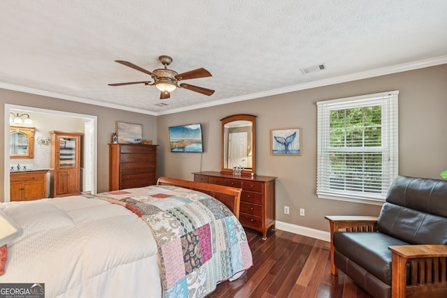 10875 Shagbark Trl, Roswell, GA 30075 - bedroom featuring dark wood-style floors, crown molding, a ceiling fan, and a textured ceiling