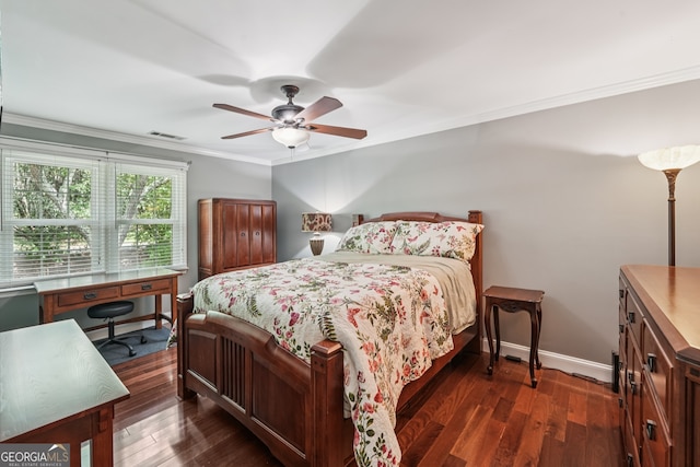 10875 Shagbark Trl, Roswell, GA 30075 - bedroom with crown molding, dark wood-style floors, and a ceiling fan