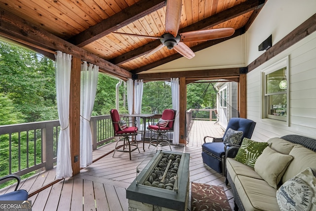 10875 Shagbark Trl, Roswell, GA 30075 - wooden deck with an outdoor living space with a fire pit, ceiling fan, and outdoor dining area