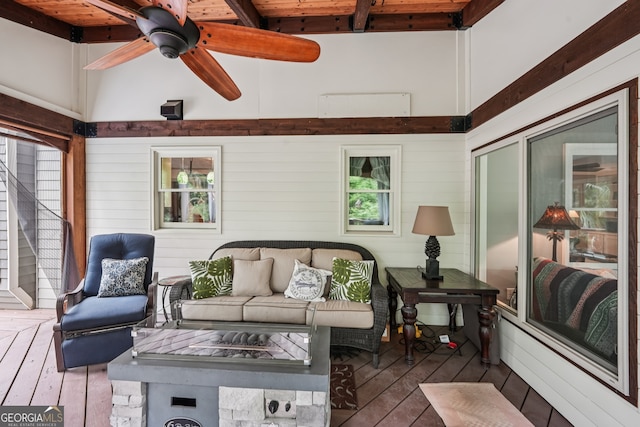 10875 Shagbark Trl, Roswell, GA 30075 - sunroom featuring an outdoor hangout area, beam ceiling, and ceiling fan