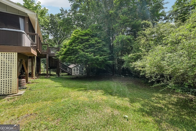 10875 Shagbark Trl, Roswell, GA 30075 - view of grassy yard with stairway and a wooden deck