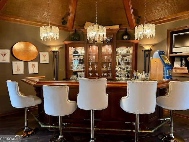 124 N Valhalla Ln, Cordele, GA 31015 - indoor bar featuring a chandelier and beam ceiling