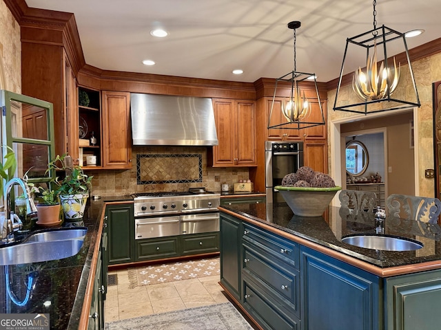124 N Valhalla Ln, Cordele, GA 31015 - kitchen featuring wall chimney range hood, a sink, tasteful backsplash, a warming drawer, and recessed lighting