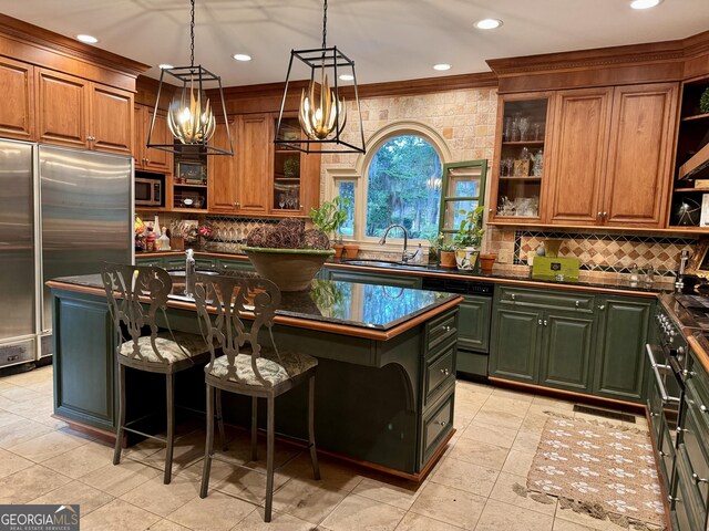 124 N Valhalla Ln, Cordele, GA 31015 - kitchen featuring open shelves, a sink, dark countertops, built in appliances, and recessed lighting